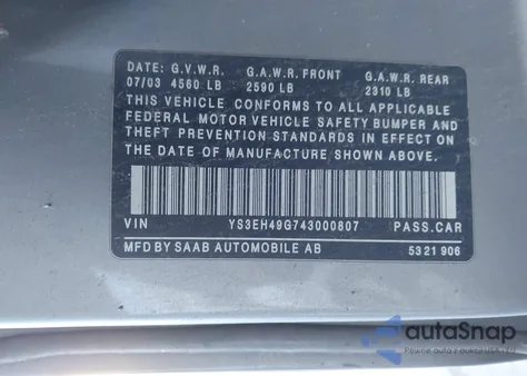 2004 Saab 9-5 Aero from USA, damaged, VIN YS3EH49G743000807